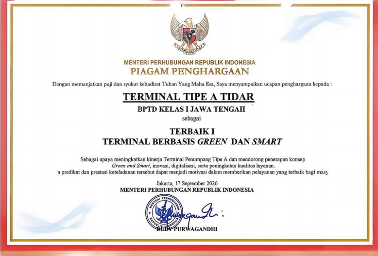 Terminal Tipe A Tidar Menerima Penghargaan Lomba Terbaik Berbasis Green and Smart